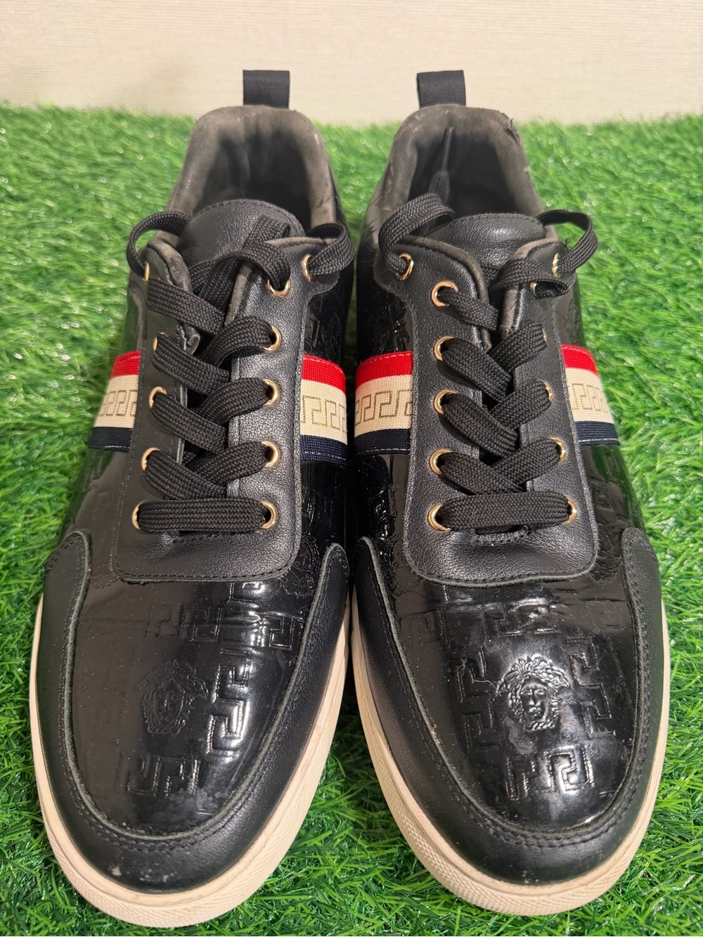 Black Men’s Low-Top Sneakers with Red & Navy Stripe “ Versace “